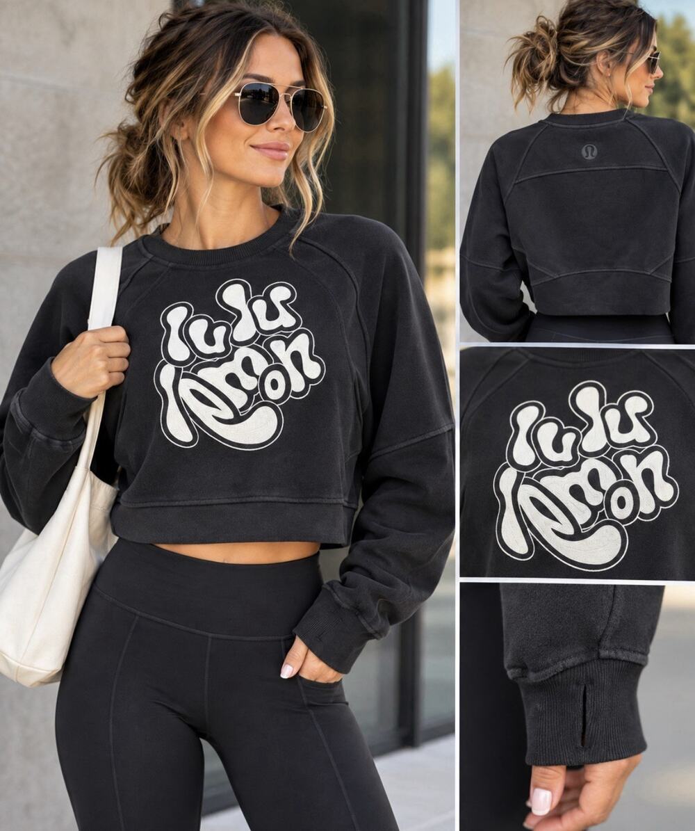 lululemon Black Cropped Scuba Sweatshirt Graphic Raglan Pullover Women’s